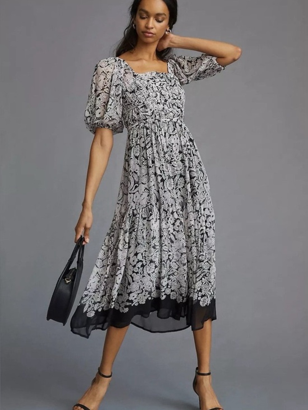 BY ANTHROPOLOGIE SQUARE NECK SMOCKED PUFF SLEEVE DRESS XS